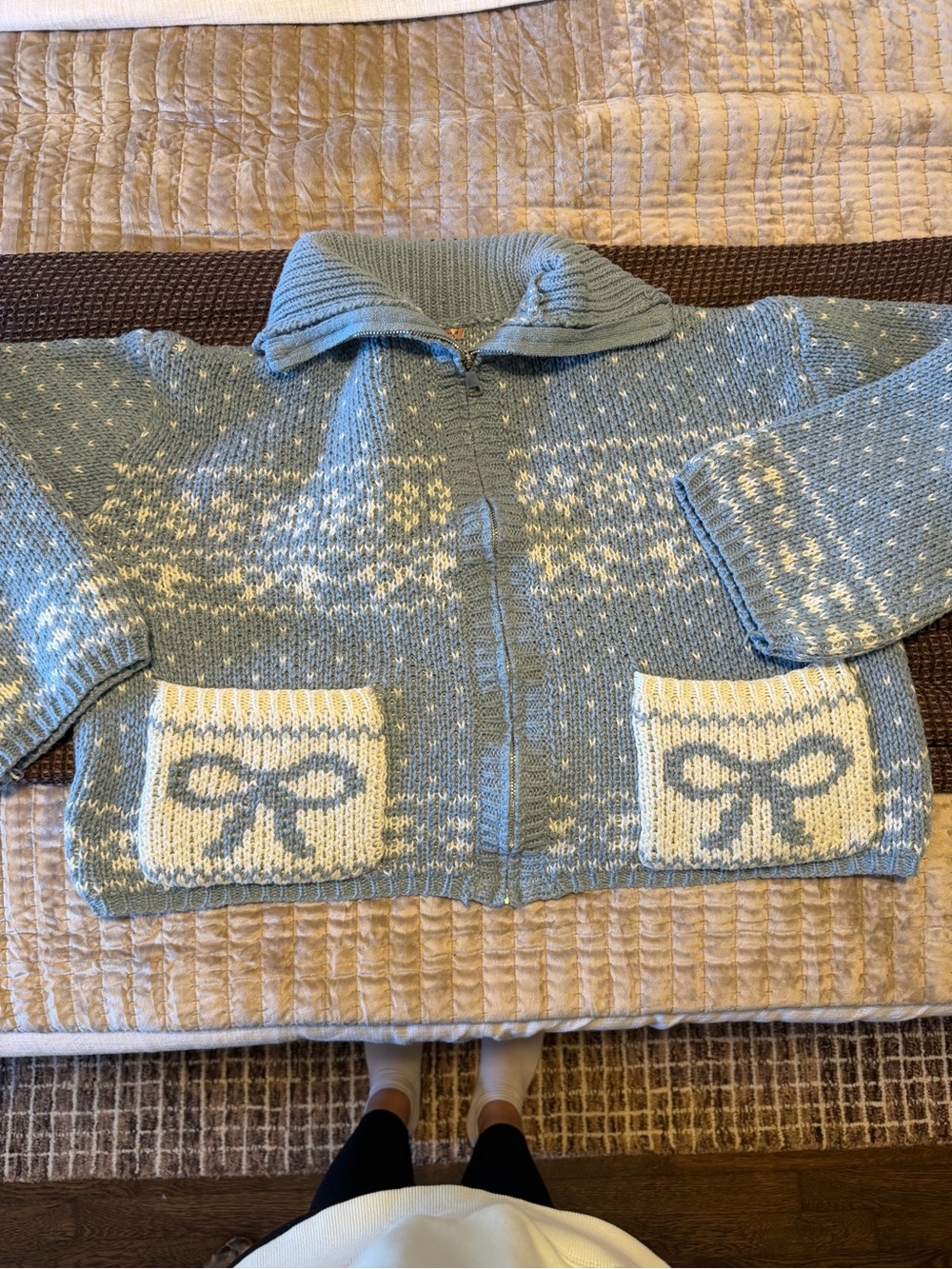 Sky Blue Teddy Knit Jacket with Bow Pocket Detail